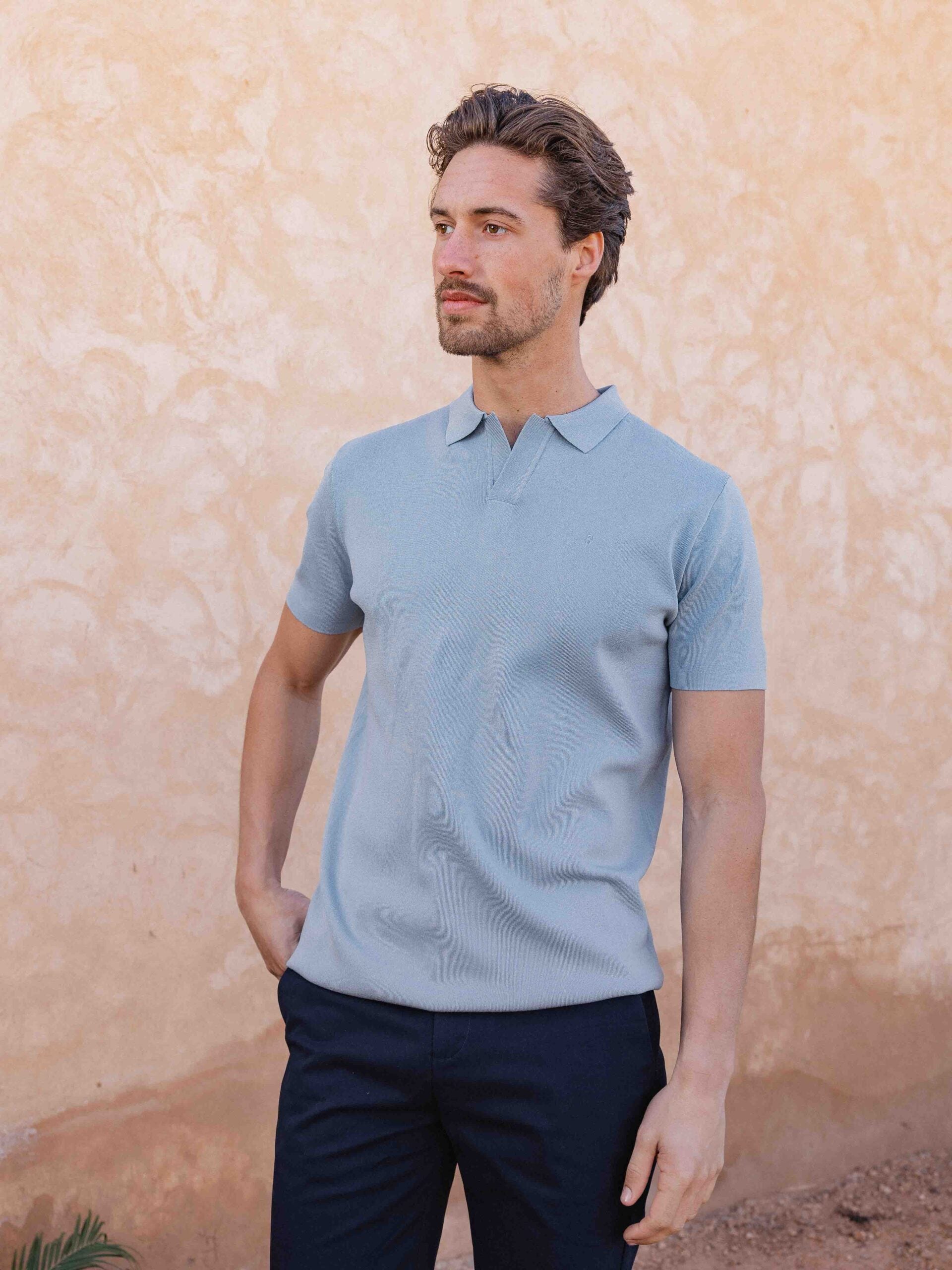 Light Blue Knit V-Polo