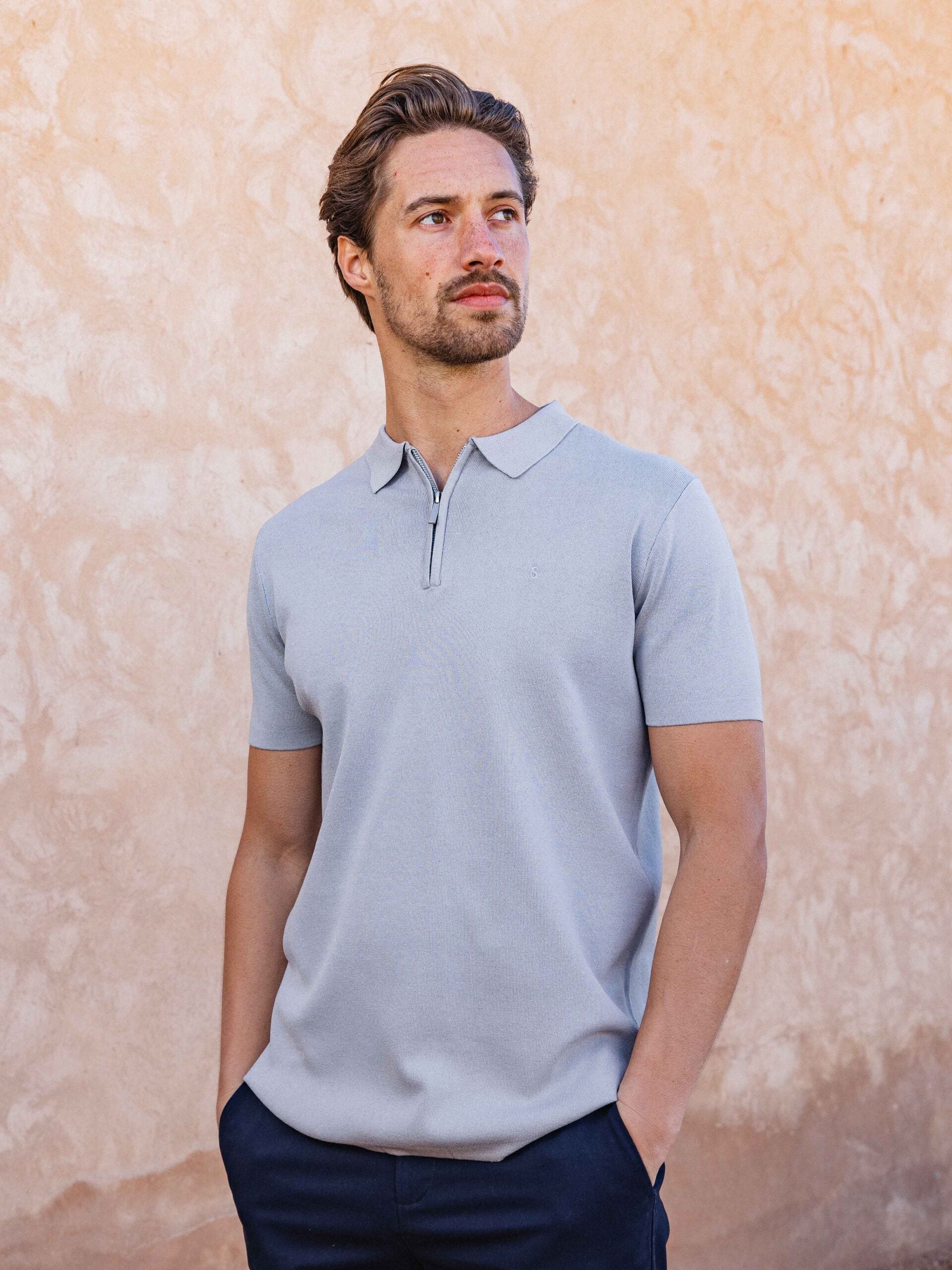 Light Grey Knit Polo Zipper