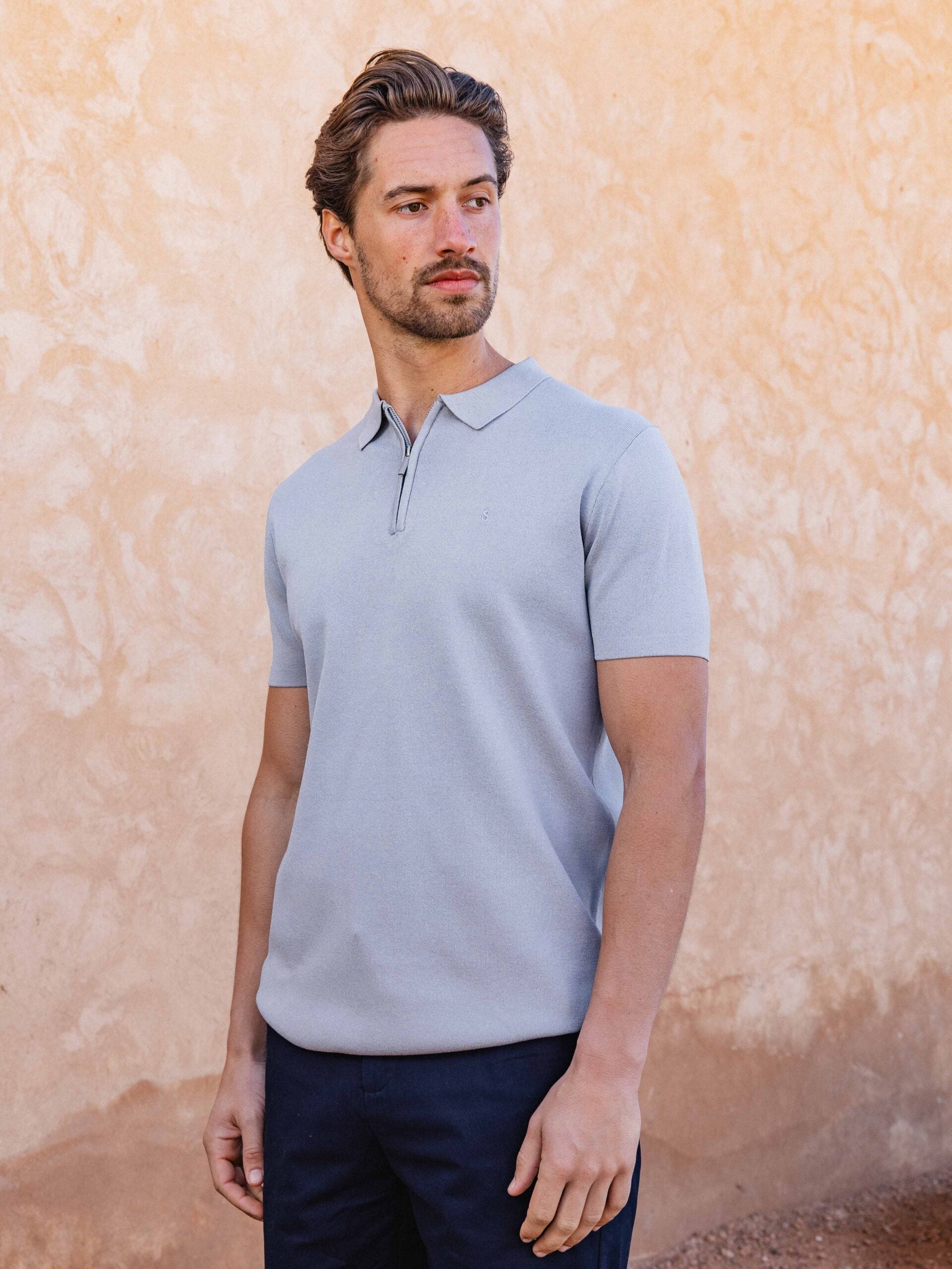 Light Grey Knit Polo Zipper