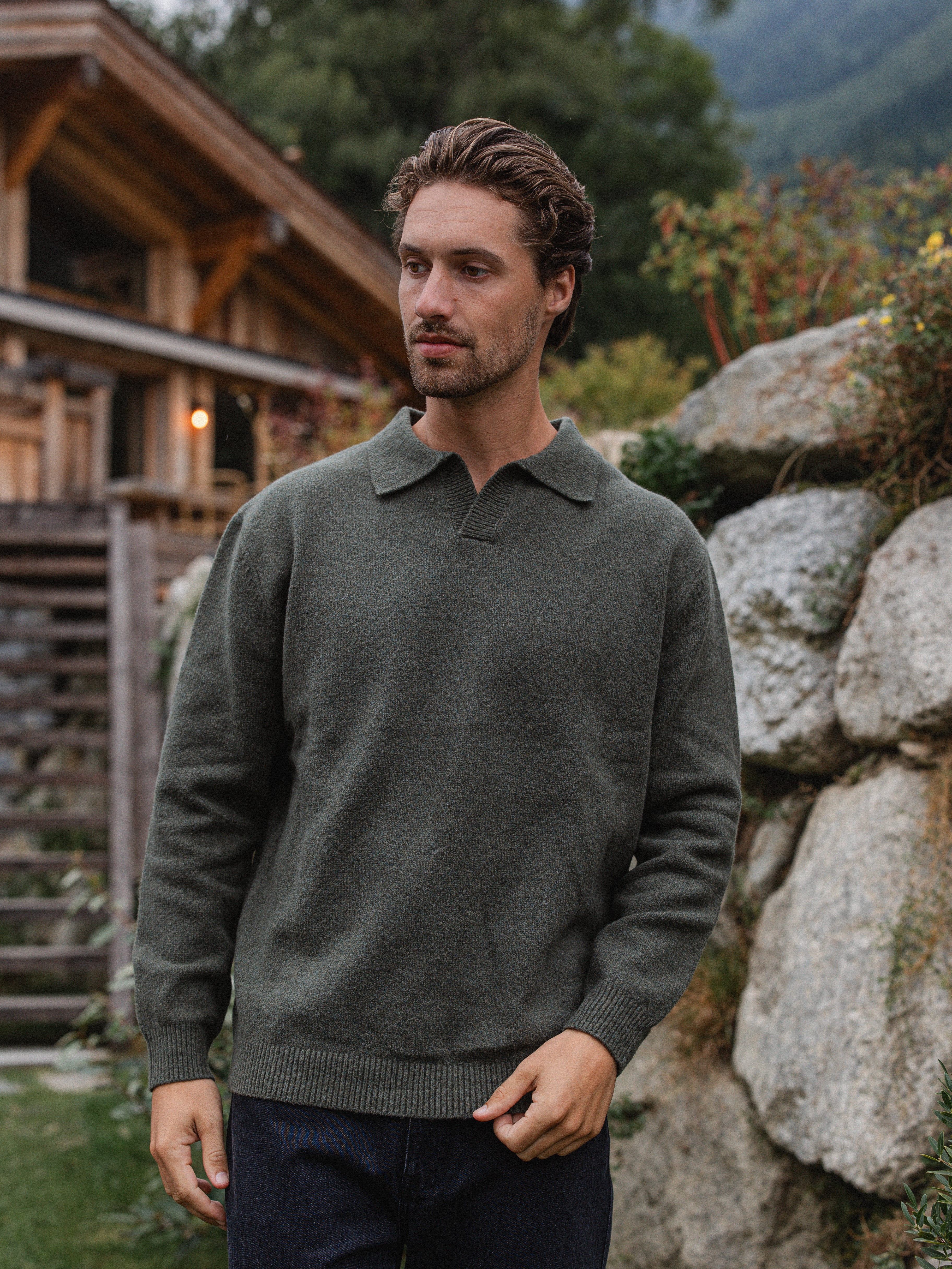 Green Knit V-Neck Polo