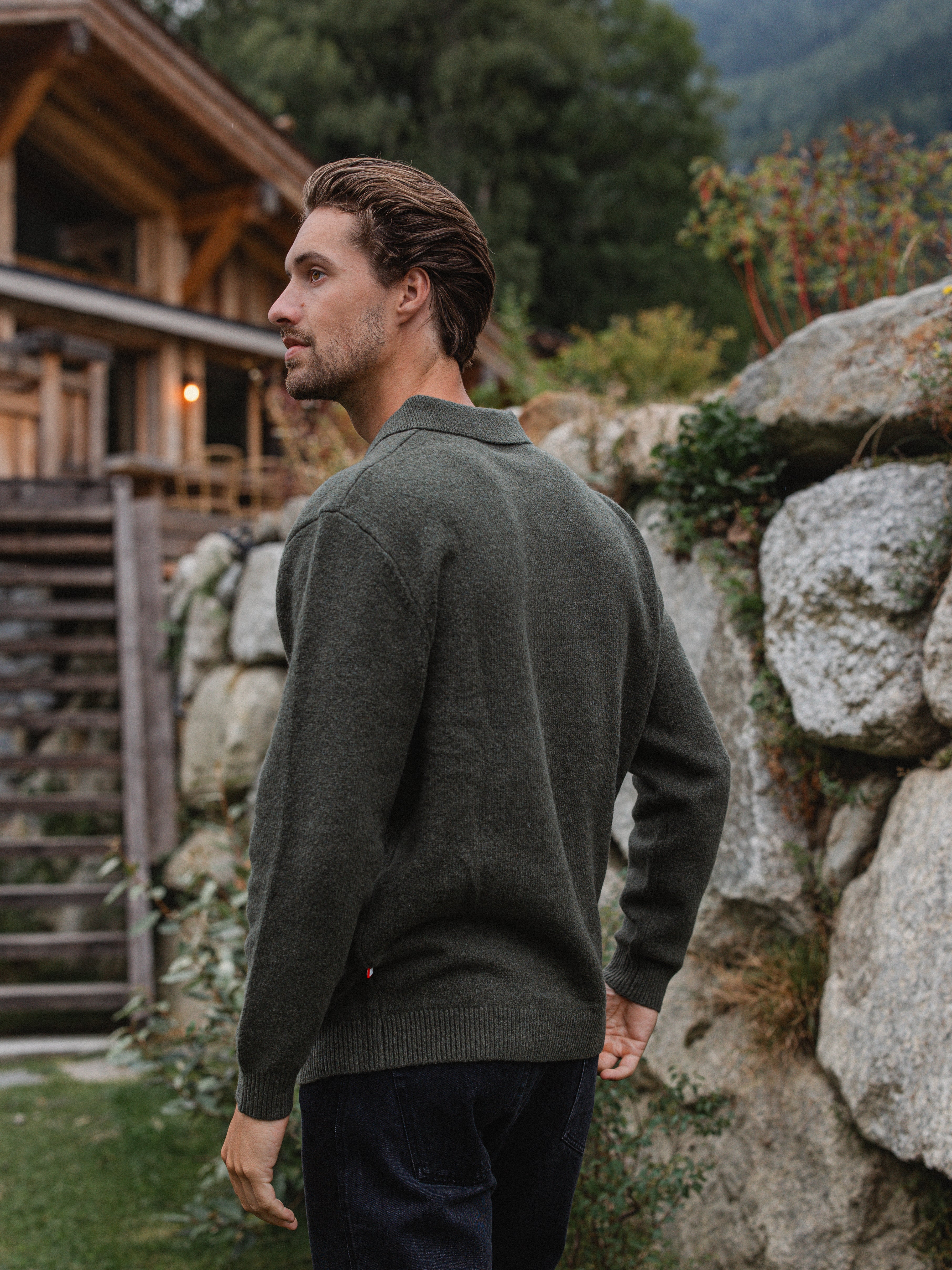 Green Knit V-Neck Polo