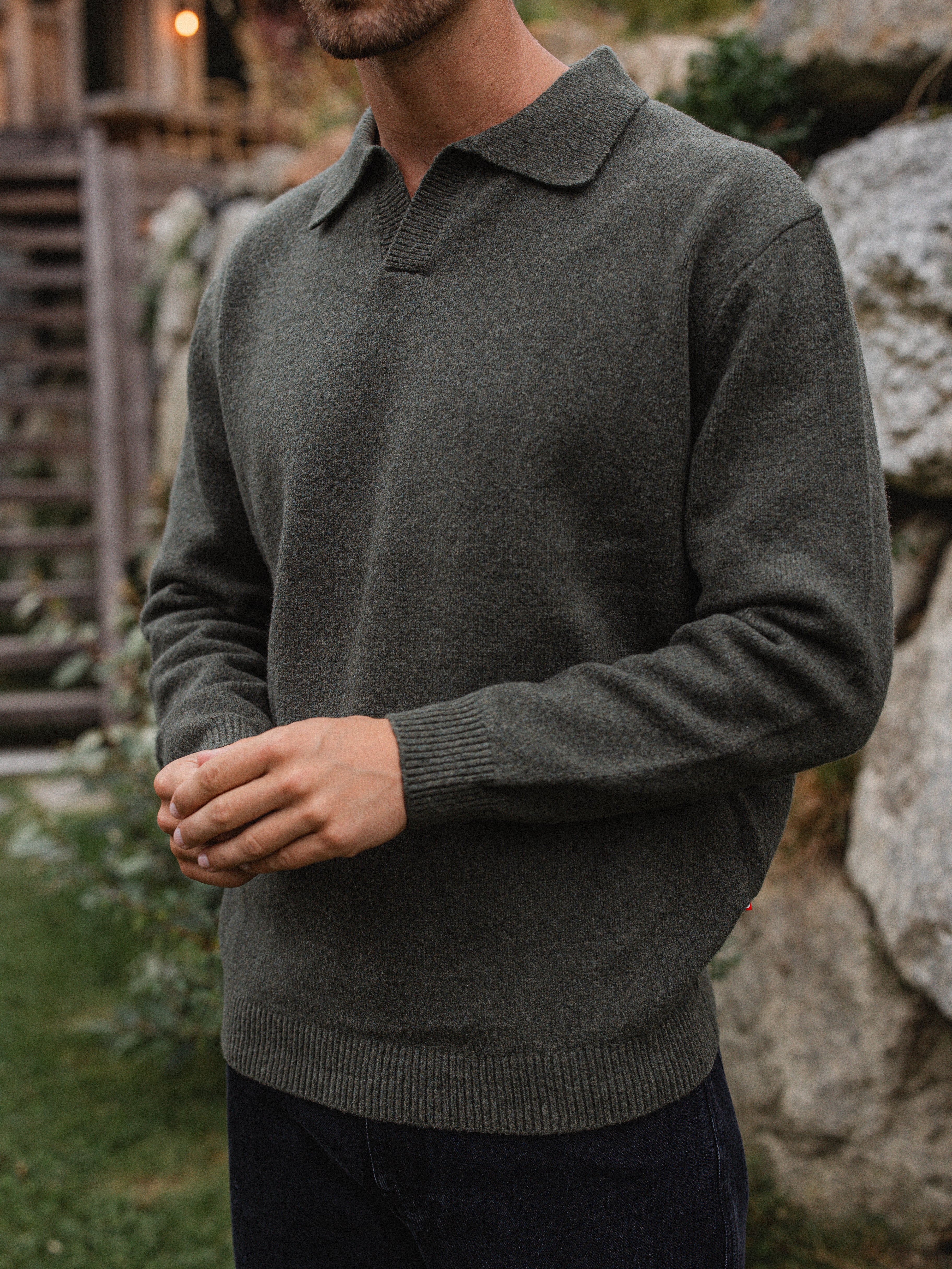 Green Knit V-Neck Polo