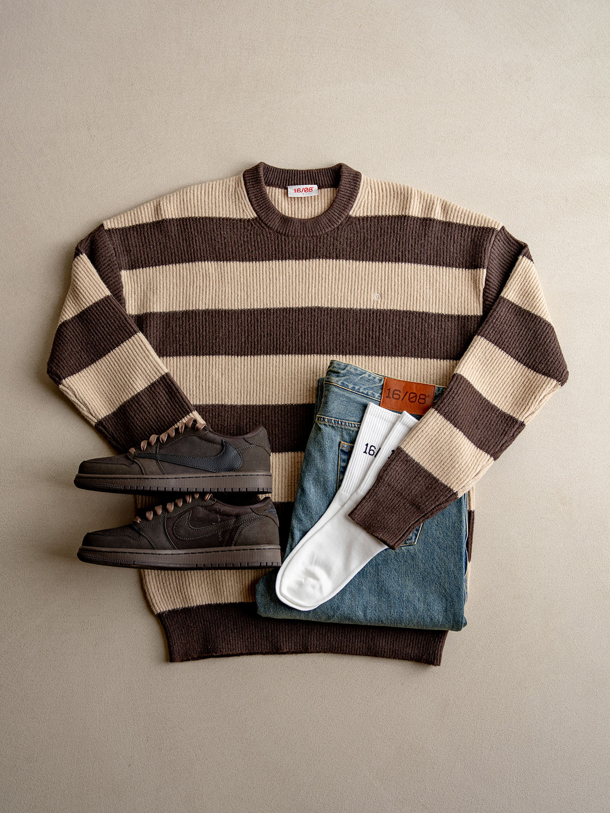 Brown Striped knit sweater jeans outfit