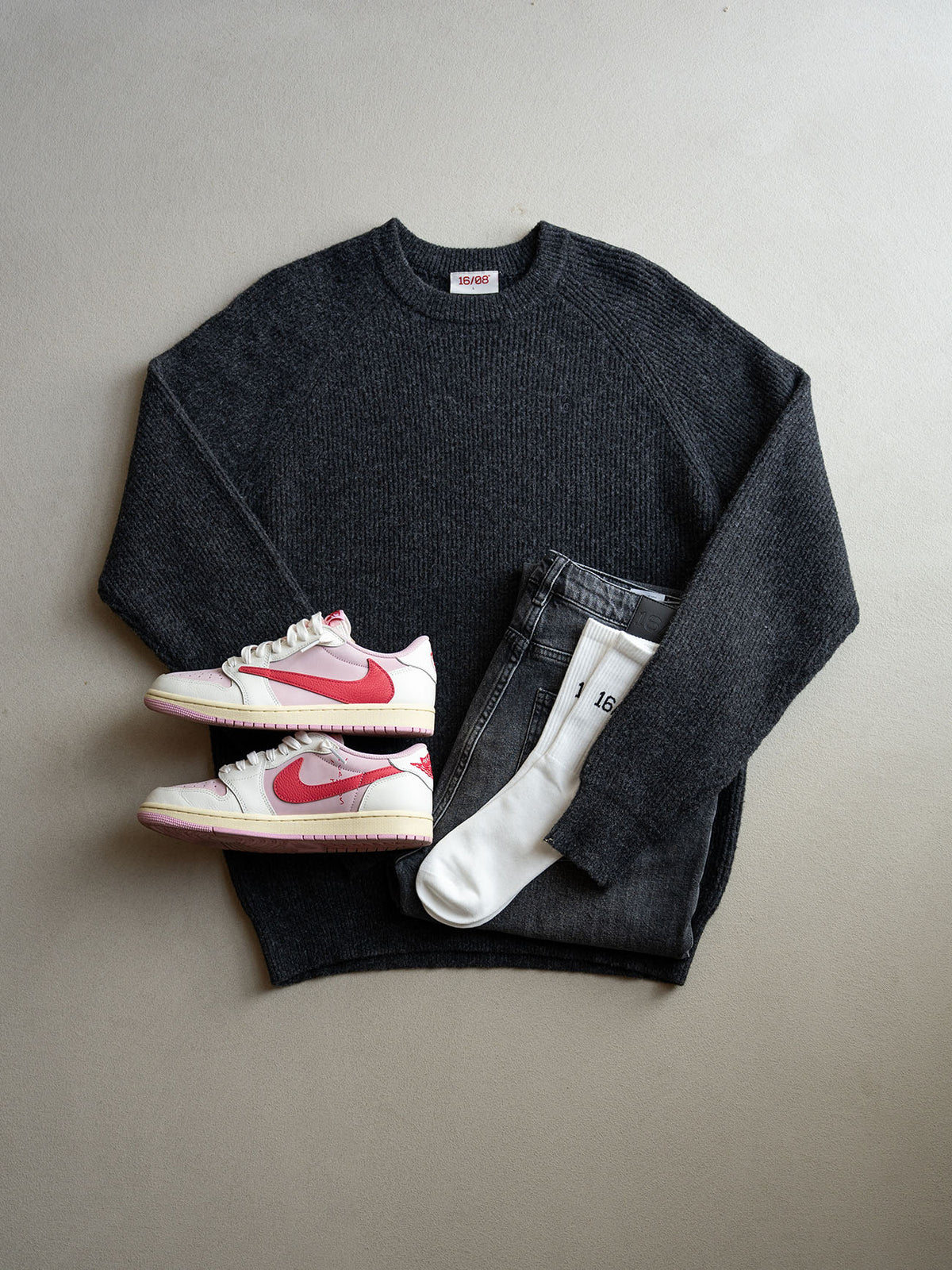 Grey Knitted Rib Sweater Outfit