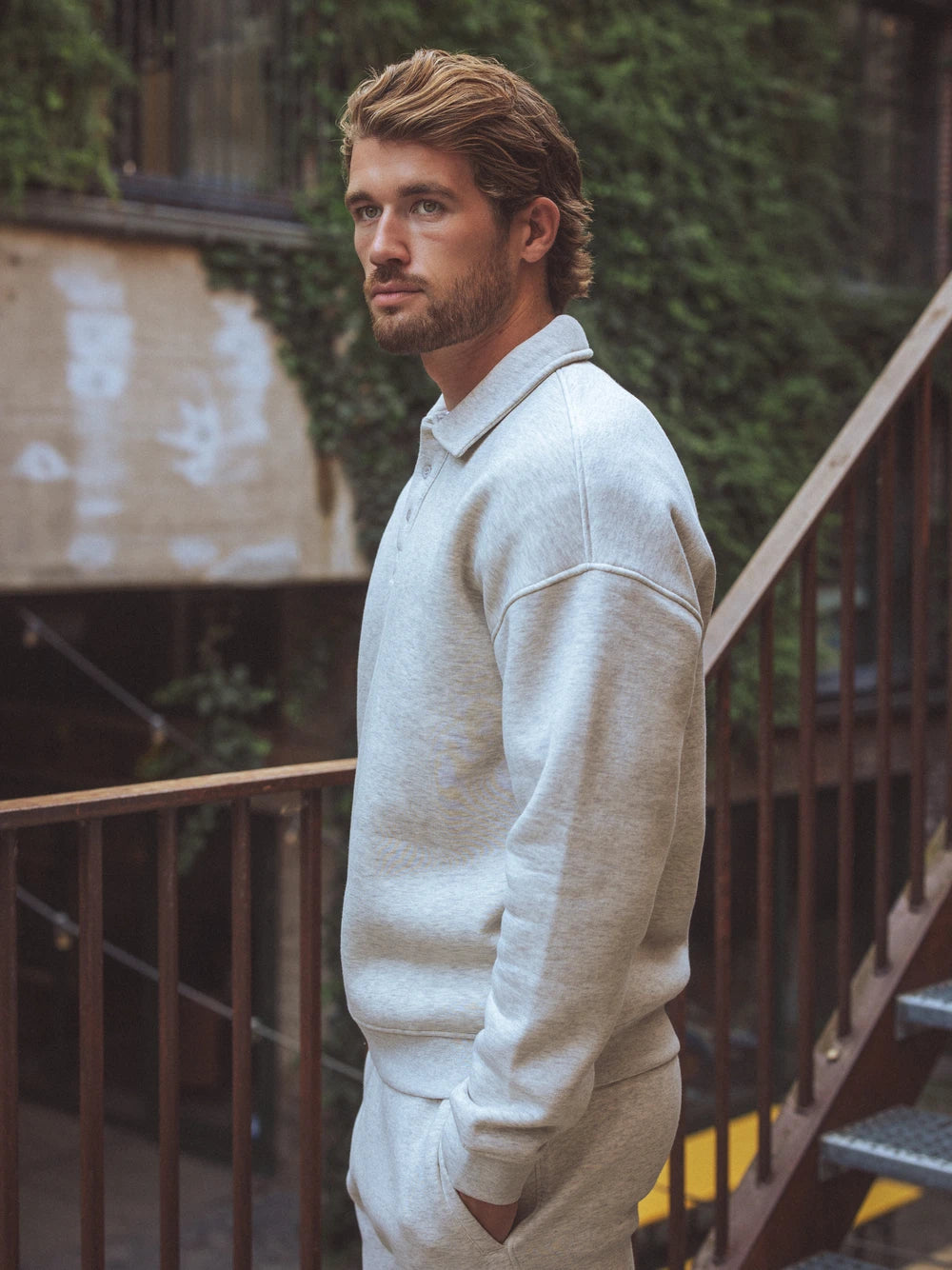 Melange Grey Polo-Knopf-Pullover