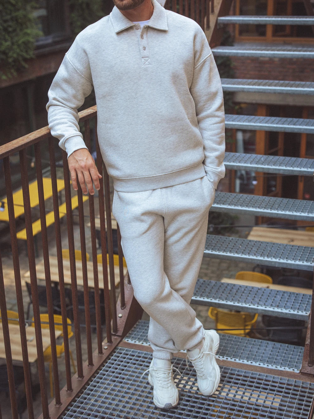 Melange Grey Polo-Knopf-Pullover