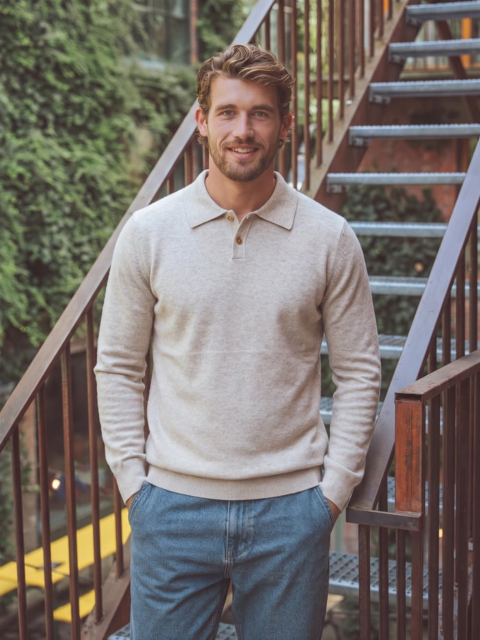 Beige Melange Wool Button Polo