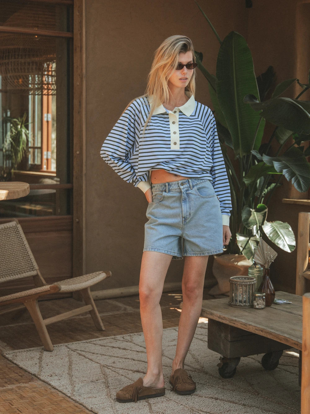 Light Blue Striped Oversized Polo