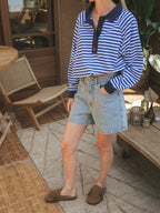 Navy gestreiftes Oversized Poloshirt