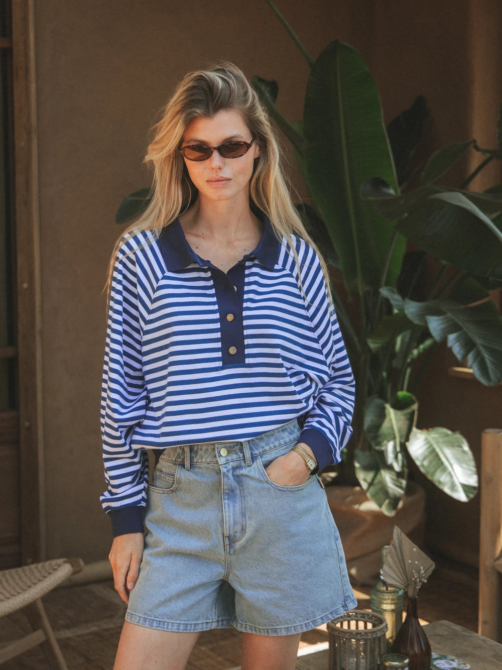 Navy Striped Oversized Polo