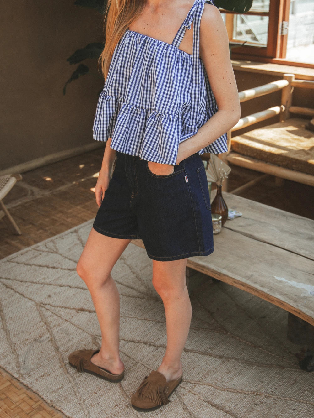 Navy Gingham Ruches Top