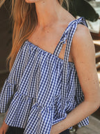 Navy Gingham Ruffle Top