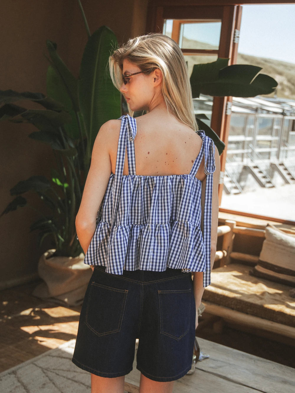 Navy Gingham Ruffle Top