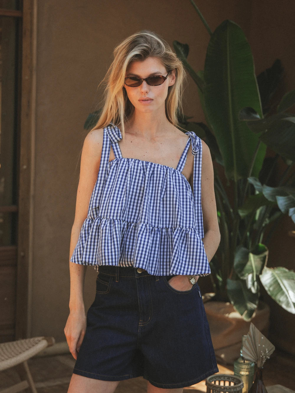 Navy Gingham Ruffle Top