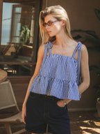 Navy Gingham Ruffle Top
