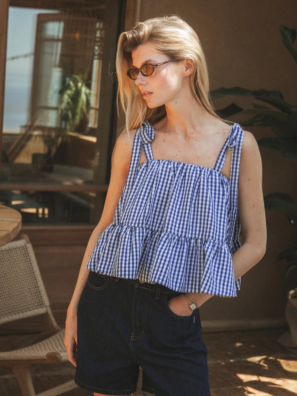 Navy Gingham Ruches Top