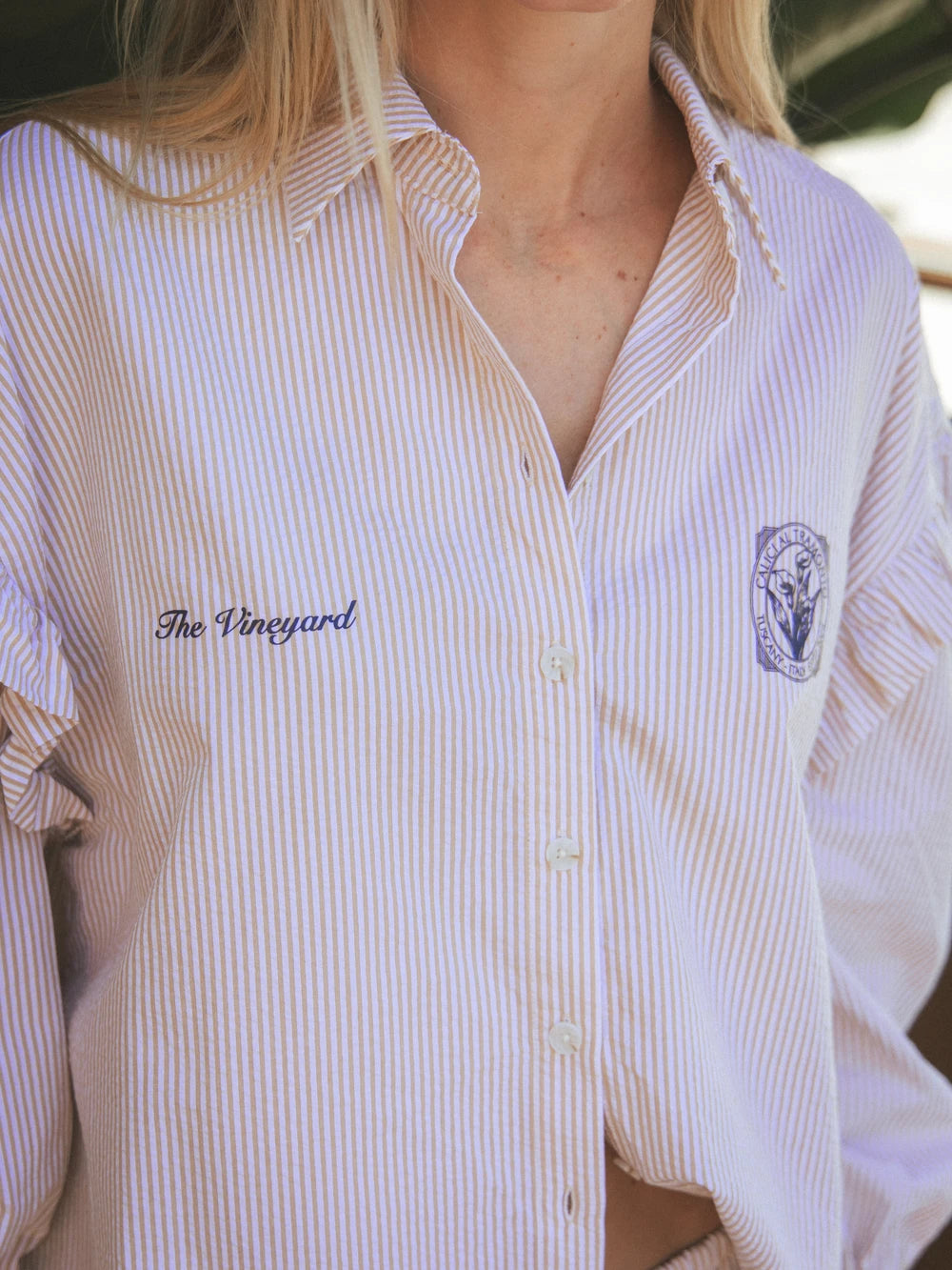 Taupe Stripe Ruffle Blouse