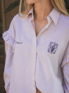 Taupe Stripe Ruffle Blouse