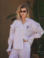 Taupe Stripe Ruffle Blouse