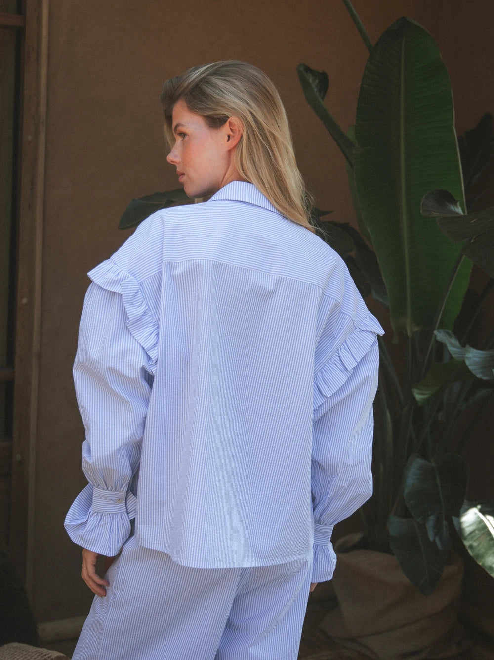 Blue Stripe Ruffle Blouse