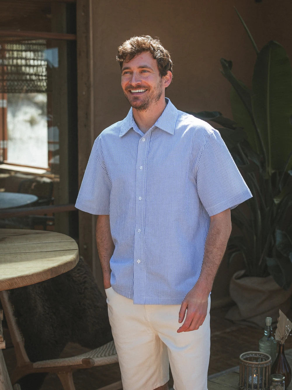 Blue Stripe Waffle Polo Shirt