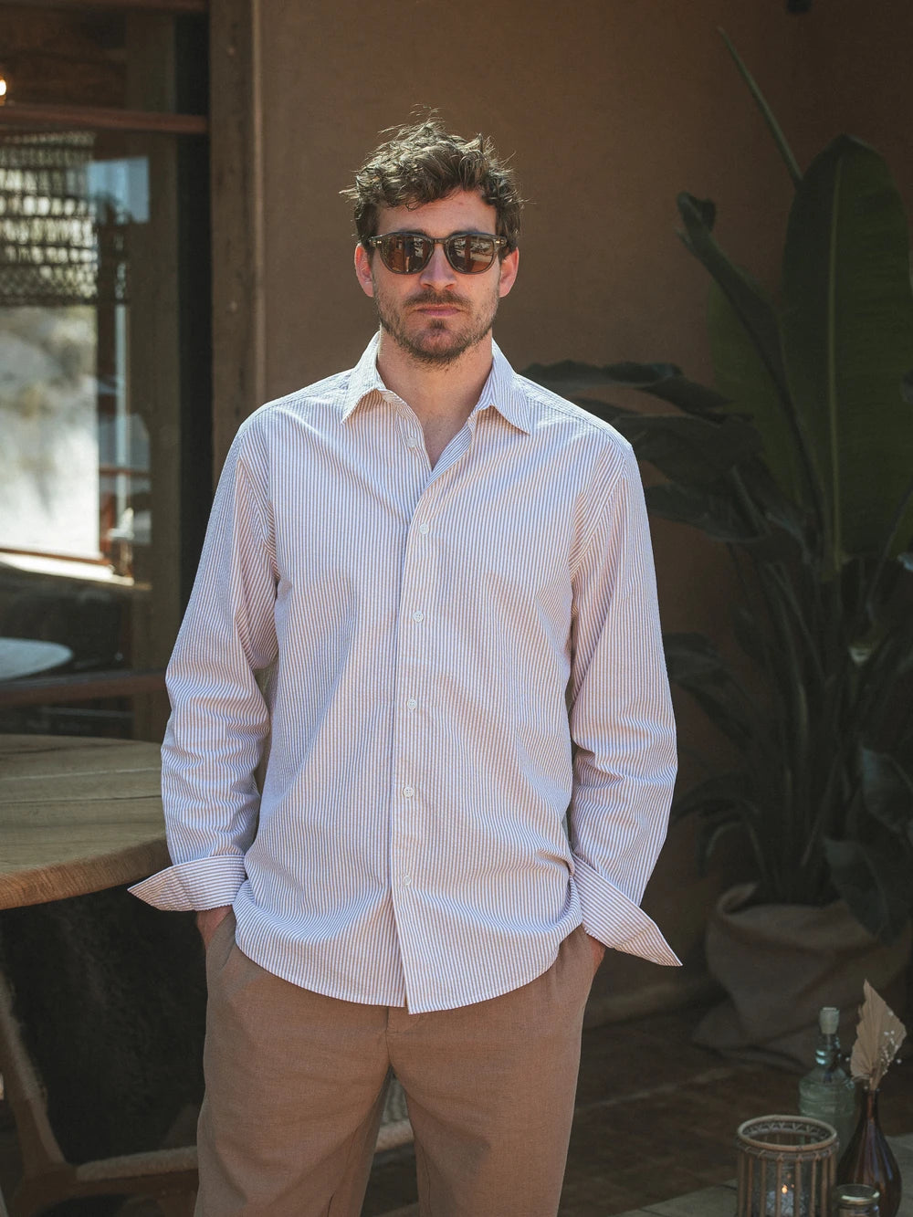 Taupe Stripe Waffle Shirt