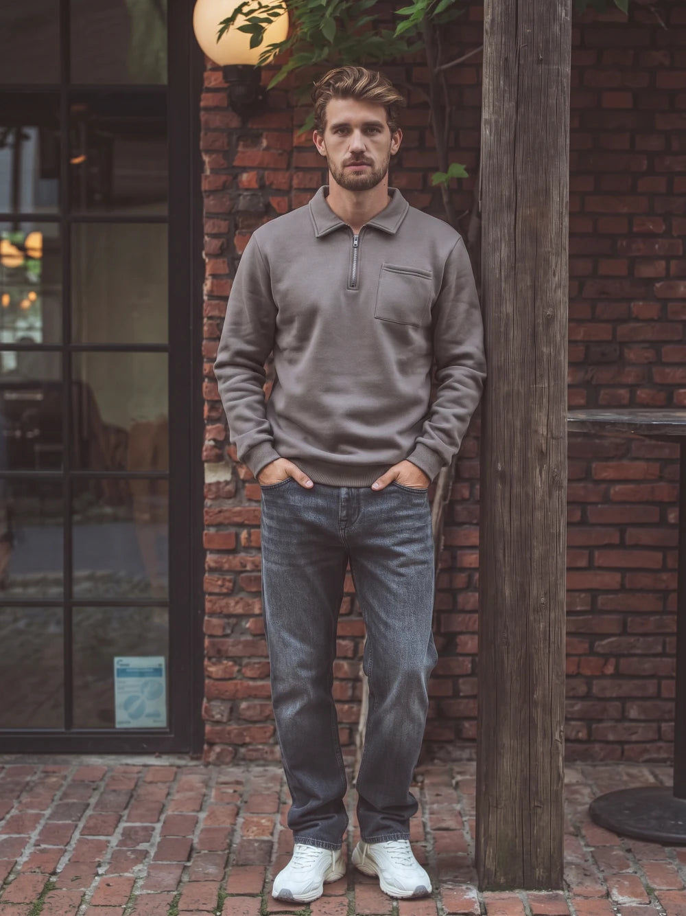 Dunkelgrauer Polo-Pullover mit Reißverschluss