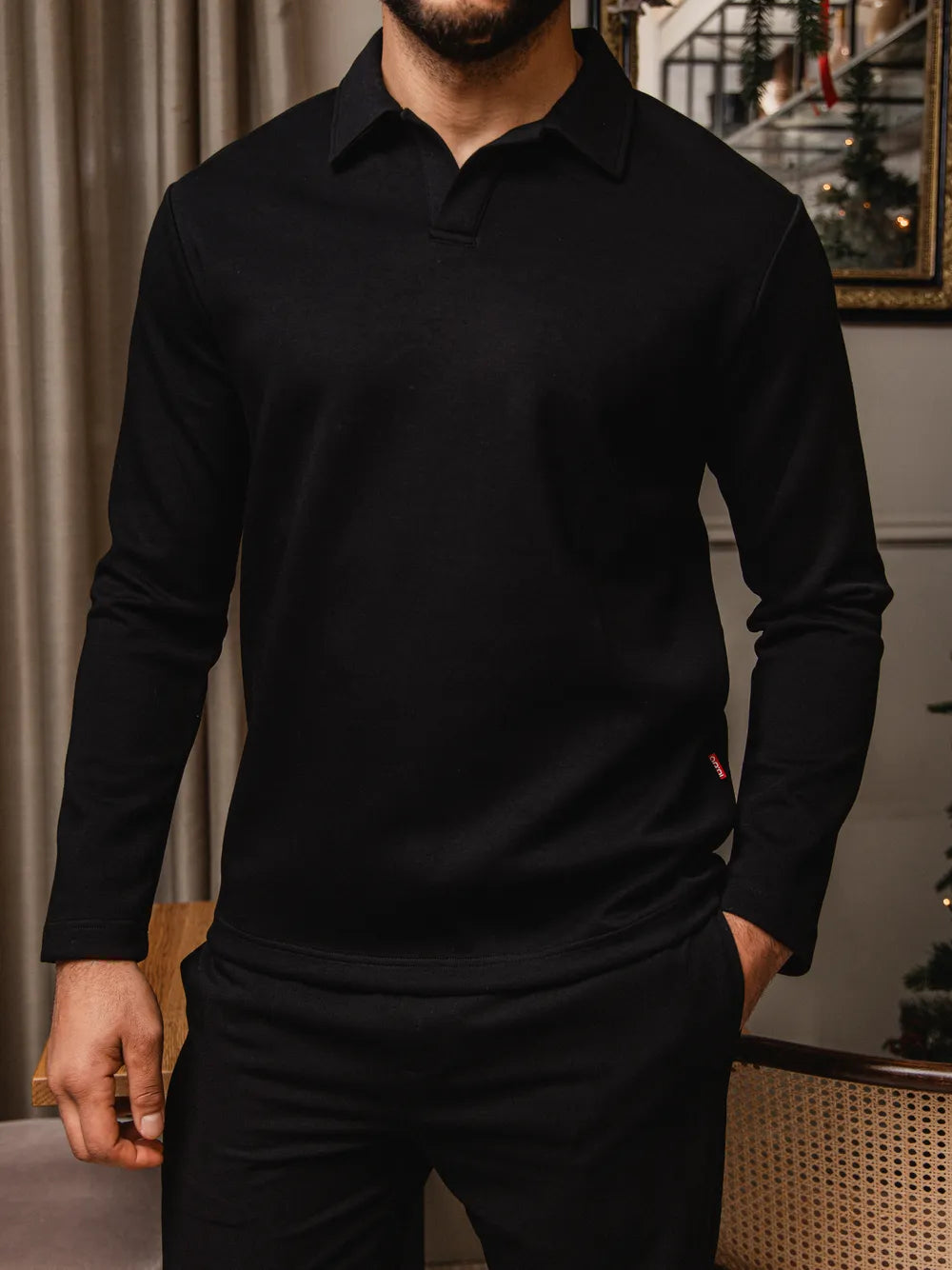 Black Jersey V-Neck Polo
