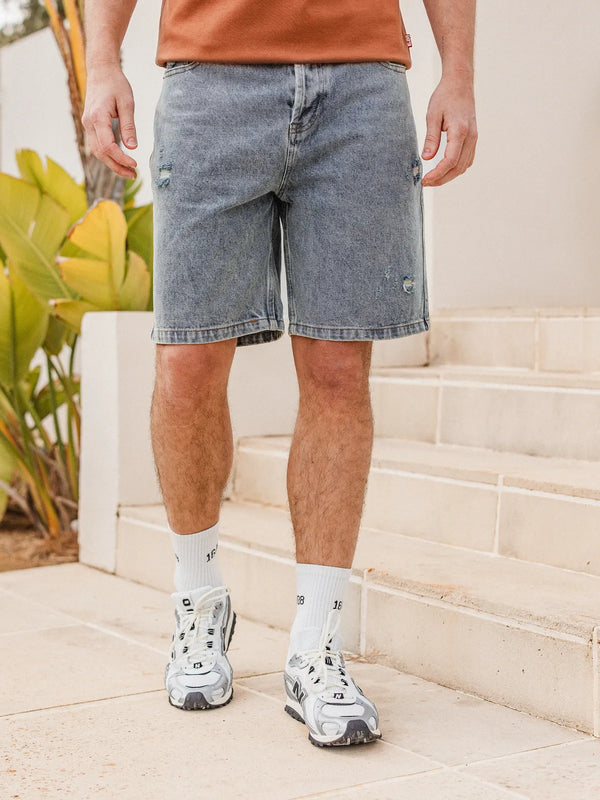 Blue Damaged Denim Short