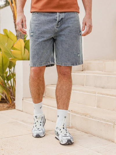 Blue Damaged Denim Short