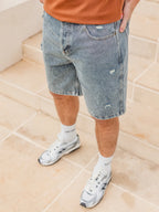 Blue Damaged Denim Short