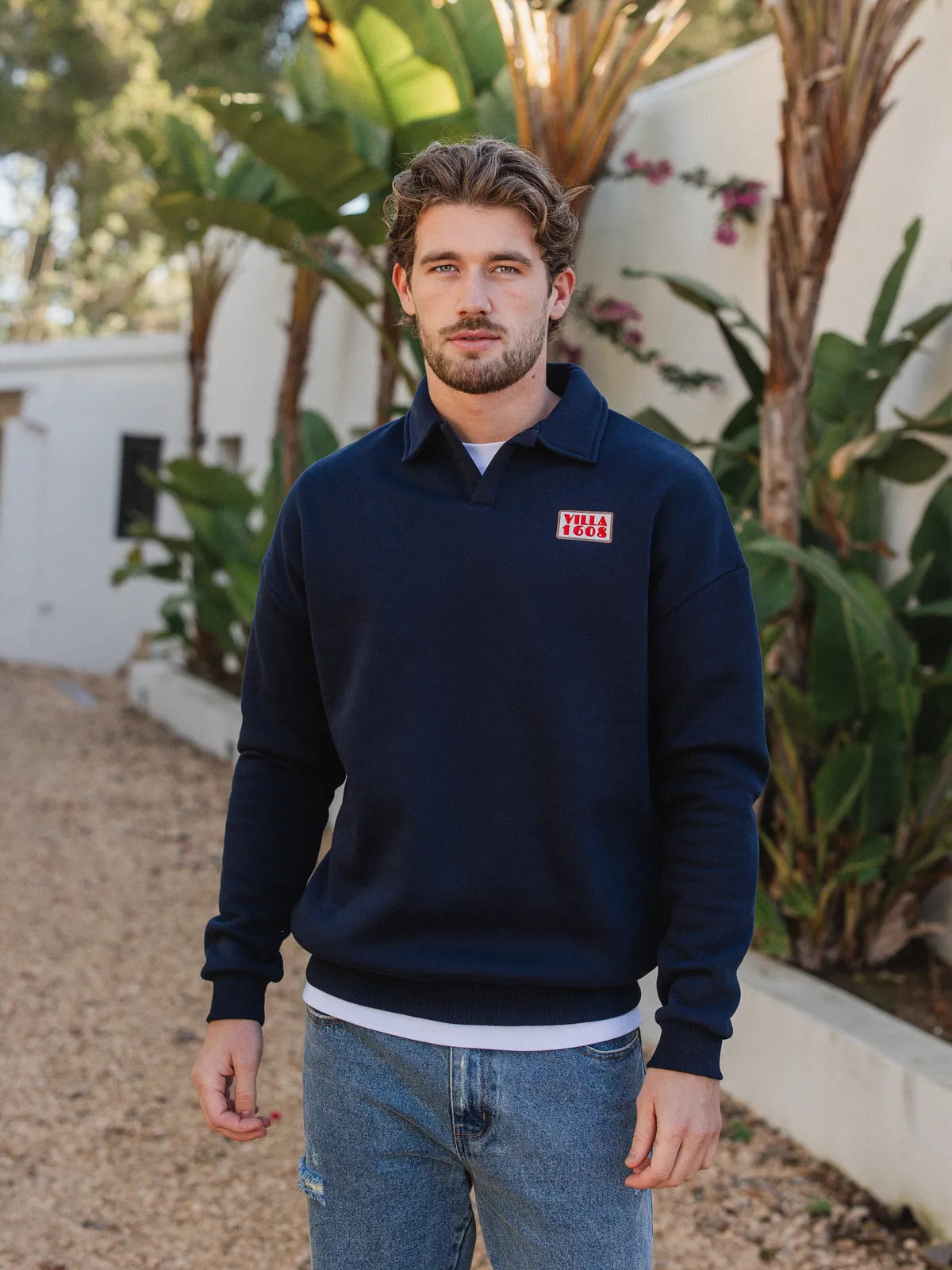Navy V-Neck Polo Sweater