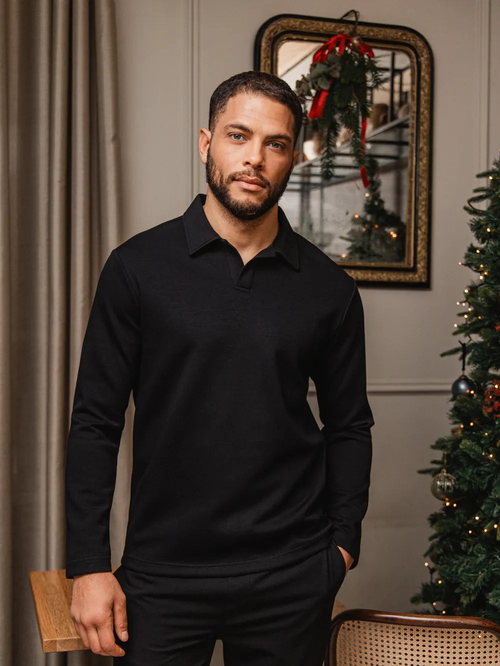 Black Jersey V-Neck Polo
