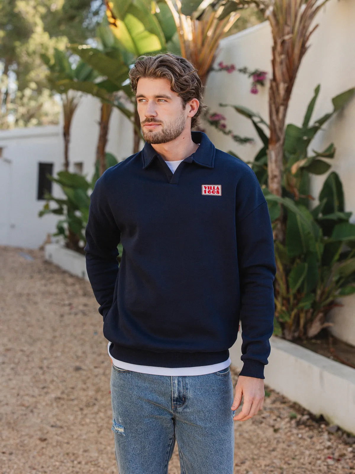 Navy V-Neck Polo Sweater