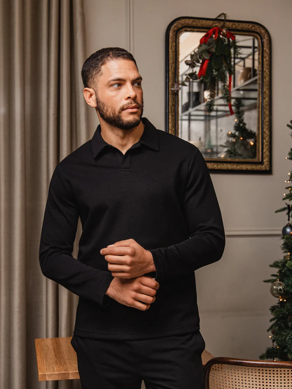 Black Jersey V-Neck Polo