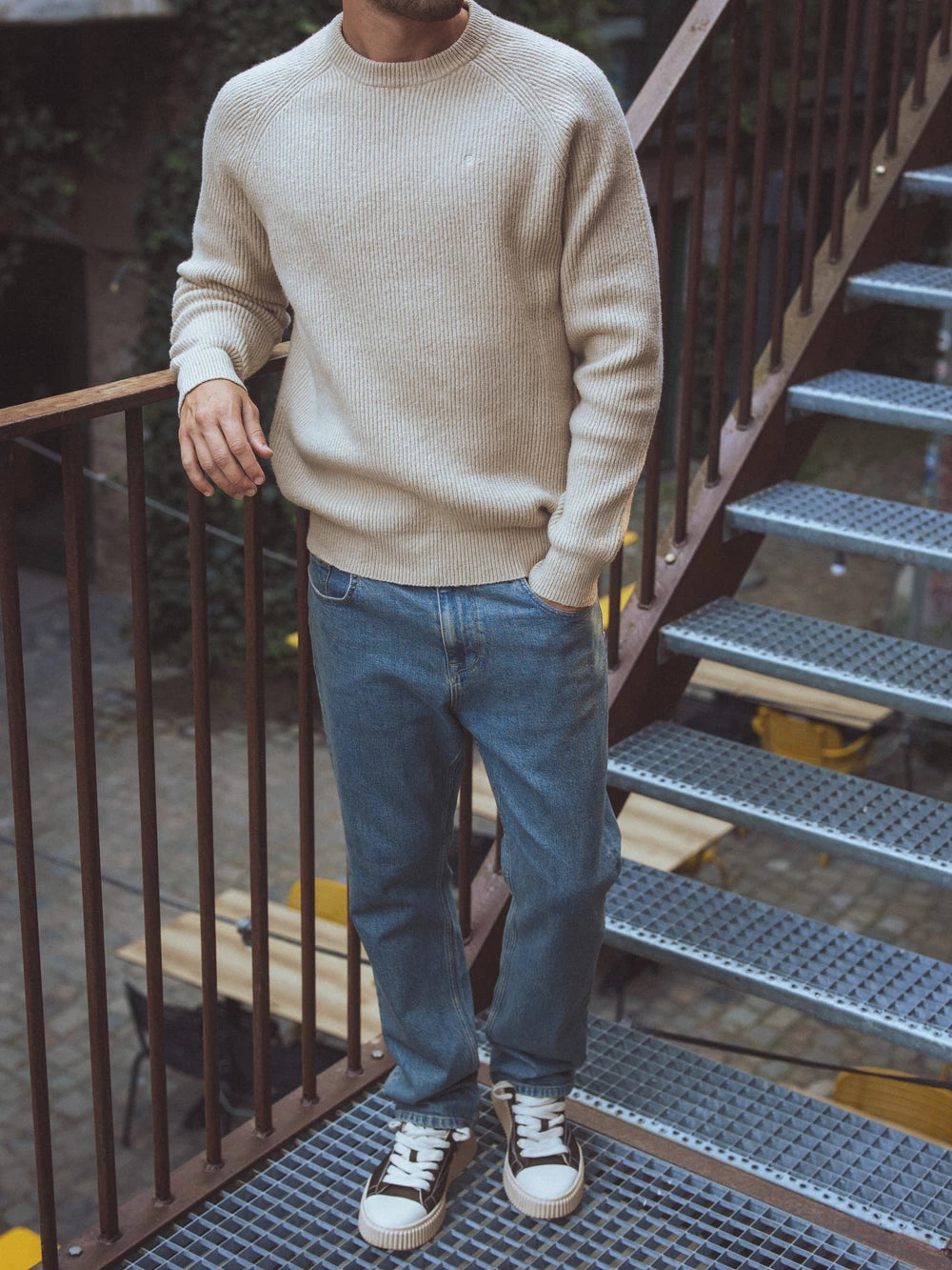 Beige Knitted Rib Raglan Sweater