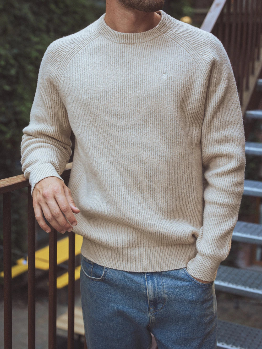 Beige Knitted Rib Raglan Sweater