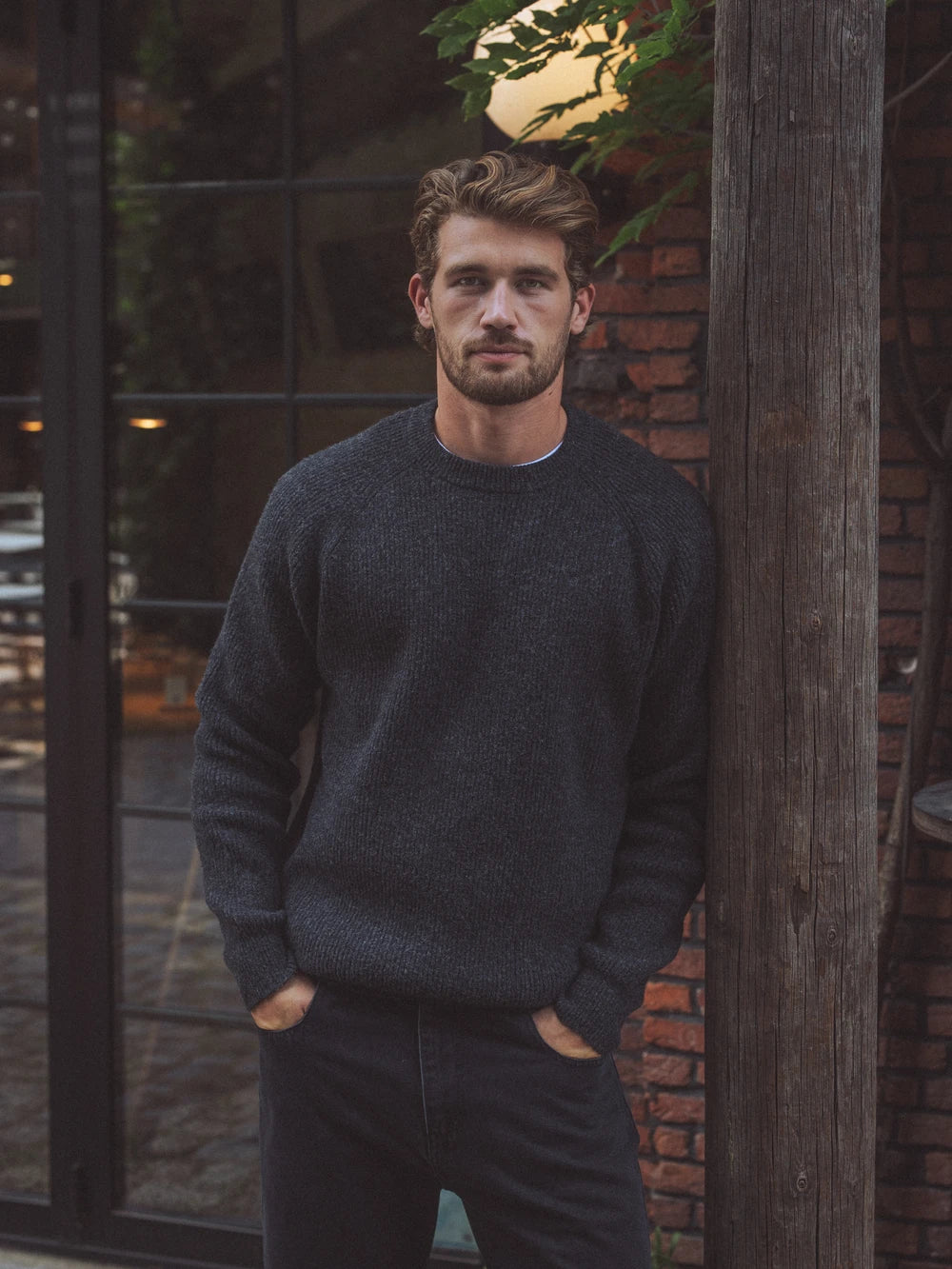 Grey Knitted Rib Raglan Sweater