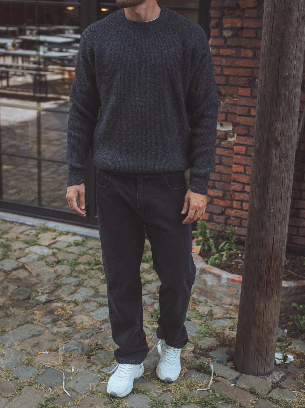 Grey Knitted Rib Raglan Sweater