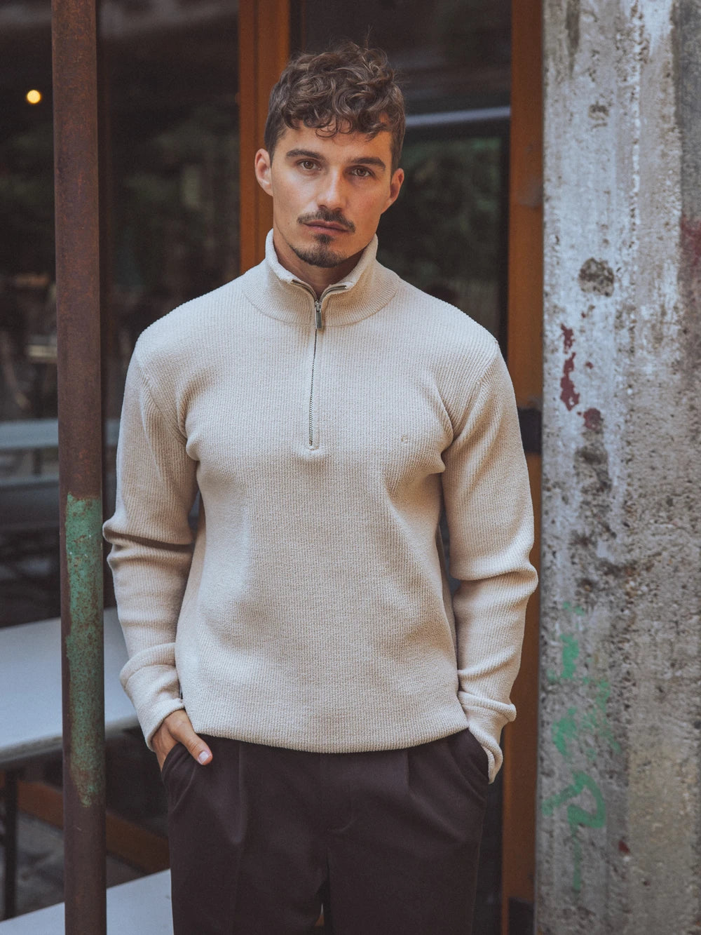 Beige Half Zip Knit Sweater