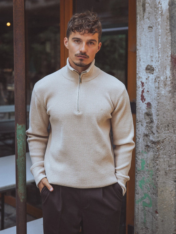 Beige Half Zip Knit Sweater