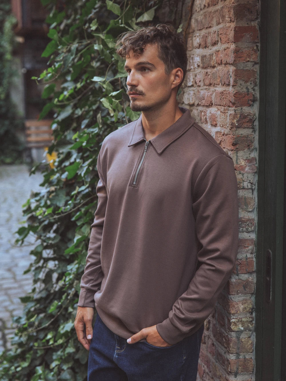 Brown Polo Zipper Longsleeve