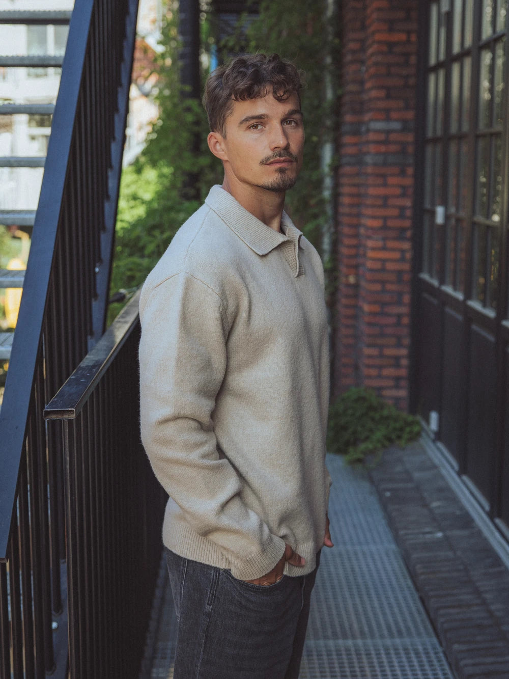 Beige V-Neck Knitted Sweater