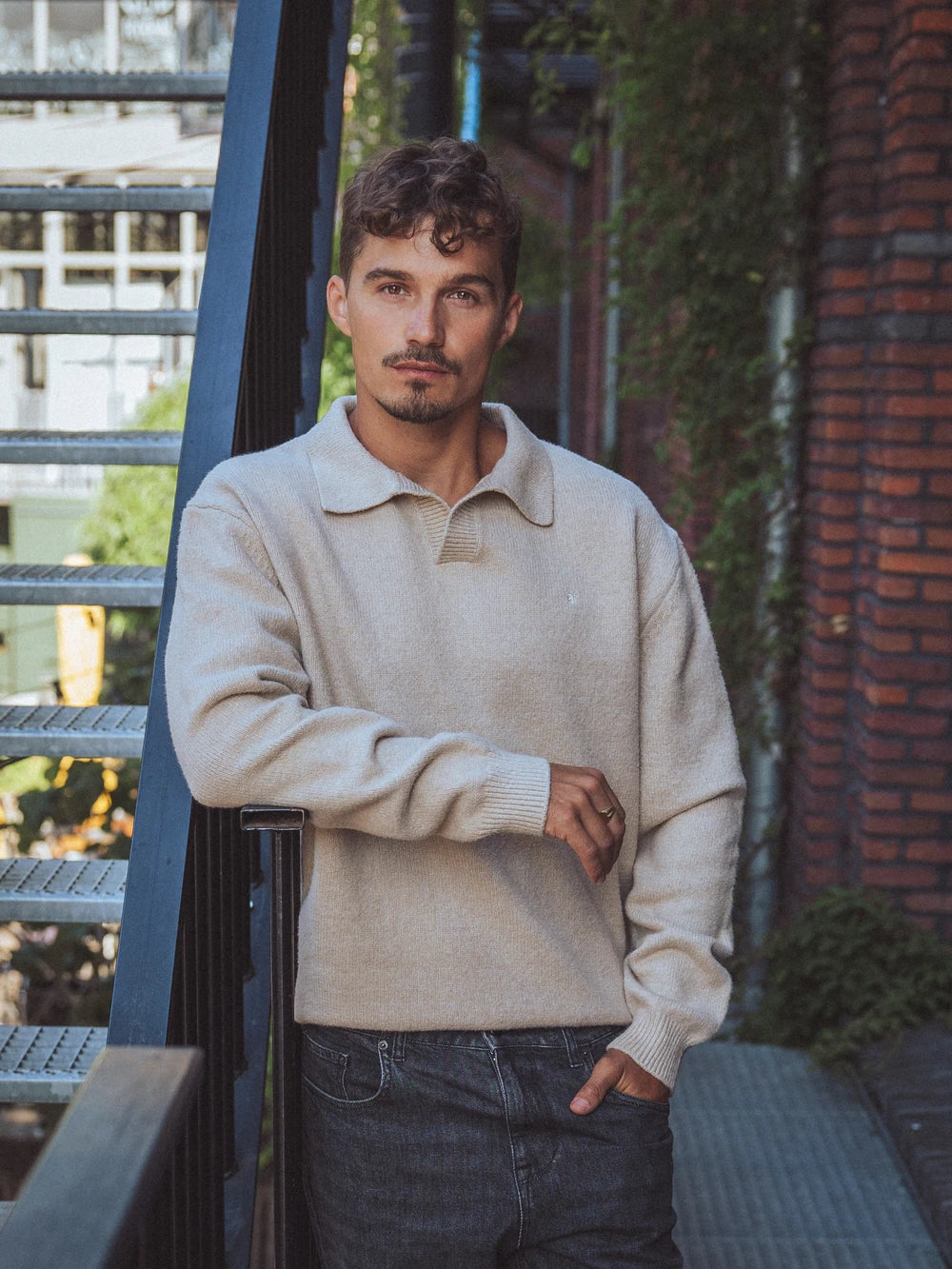 Beige V-Neck Knitted Sweater