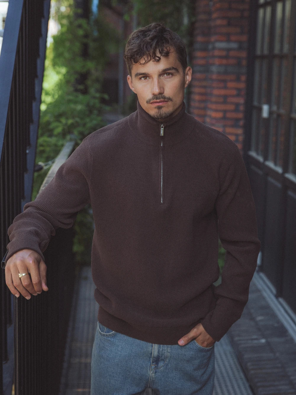 Dark Brown Half Zip Knit Sweater