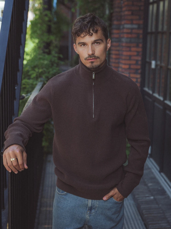 Dark Brown Half Zip Knit Sweater