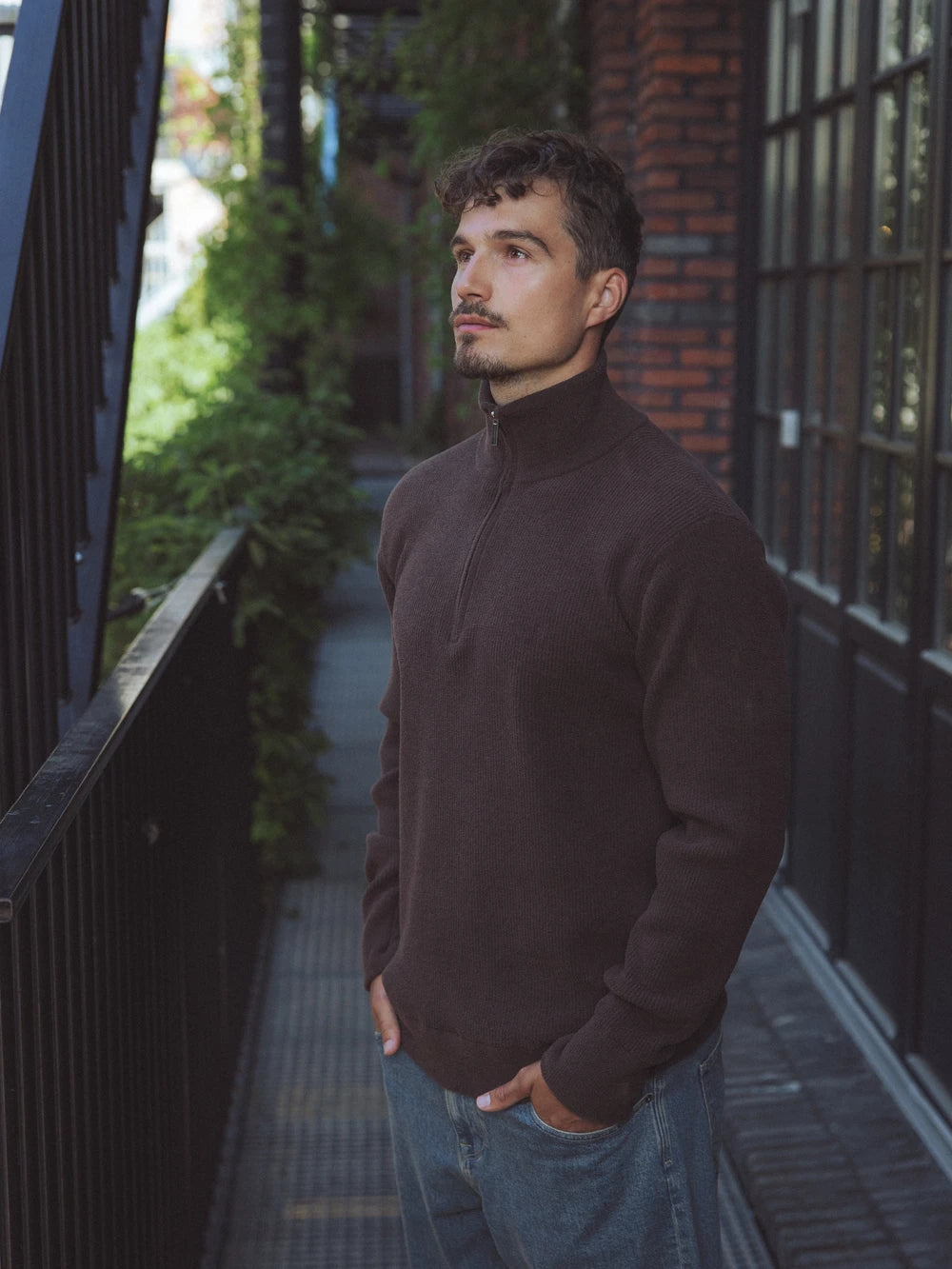 Dark Brown Half Zip Knit Sweater