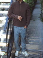 Dark Brown Half Zip Knit Sweater
