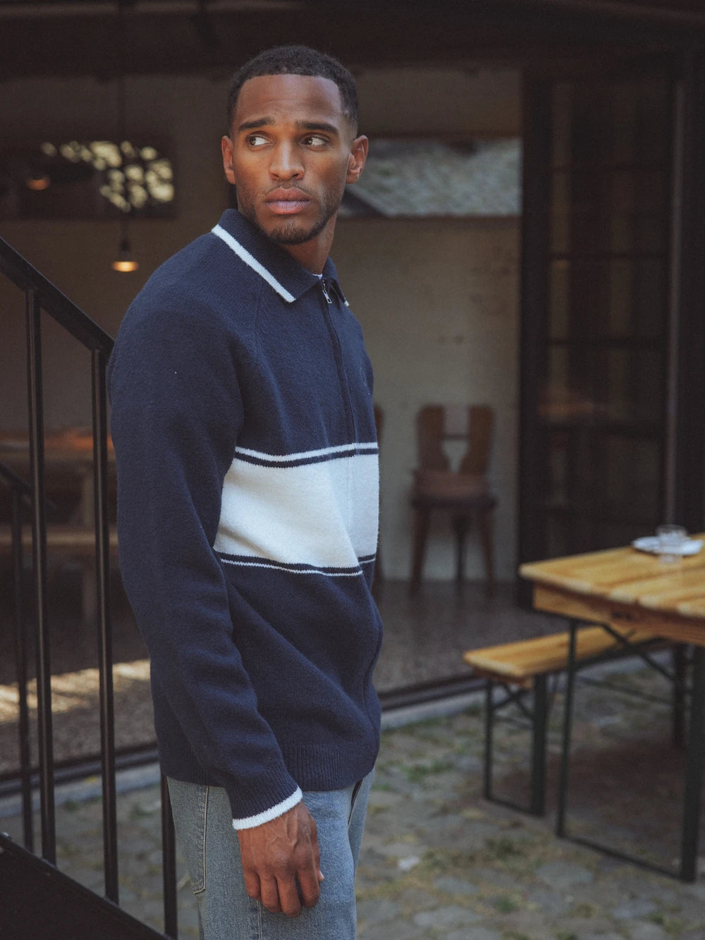 Navy Knitted Baseball Vest