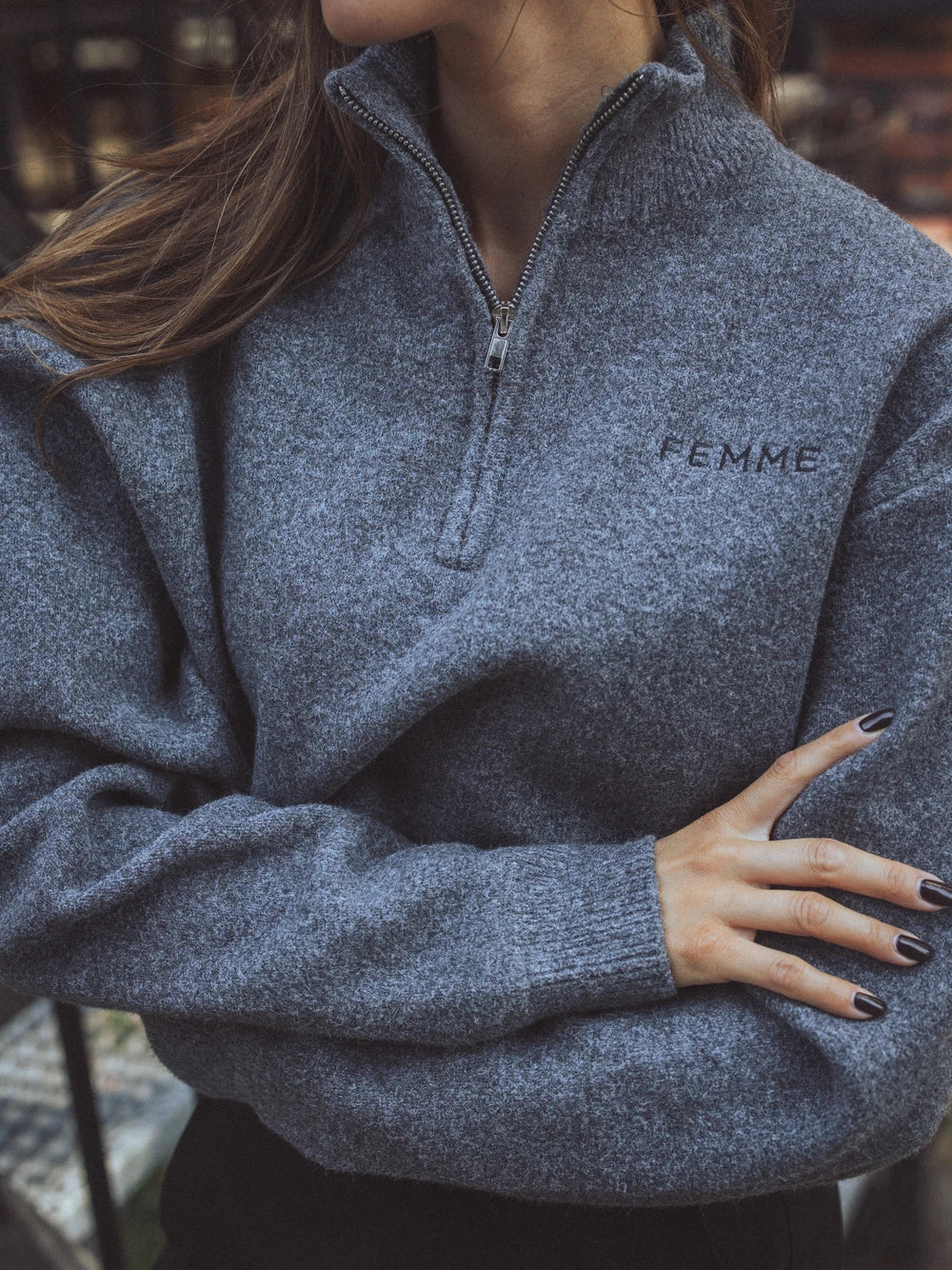 Dark Grey Melange Knit Halfzip